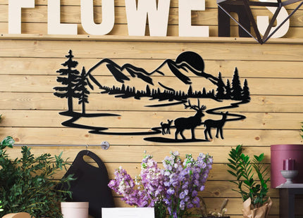 Vivegate Rustic Forest Wall Art - 17.5'X8.5' Metal Deer Decorations for Home Cabin Bathroom Wildlife Pictures