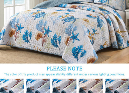 DJY Ocean Coastal Quilt Queen Size, 3 Pcs Sea Turtle Theme Bedspread Set