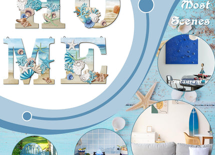 4 Pcs Wood Home Signs - Coastal Beach Style Signs With Blue Starfish and Shell Wall Decor for Home, Living Room, Kitchen, Bedroom
