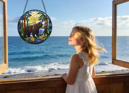 Argodaze Stained Glass Window Hanging - A Black Bear is Walking in The Forest 6.3 Inches Suncatcher for Garden Home Decor for Women Mom Grandma Friends