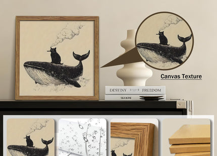Framed Funny Black Cat and Whale Canvas Wall Art, Whimsical Minimalist Animal Painting Wall Decor, Smoking Kitty Ocean Poster Print Picture for Bedroom Living Room Bathroom Home 16x16 Inch