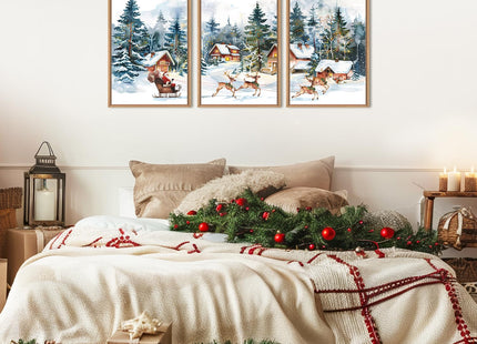 Ausril Christmas Santa Sleigh Deer Framed Canvas Wall Art Set -24"x36"x3