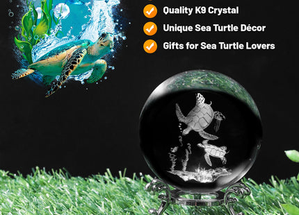 PYJ3DLAMP 3D Sea Turtle Crystal Ball with Stand Lase Engraved Glass Sphere Paperweight Sea Turtle Decor Gift