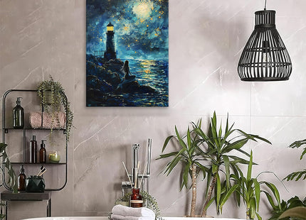 Lighthouse Canvas Wall Art Mermaid Painting Picture Coastal Night Scenery Framed for Bathroom Bedroom Living Room Nautical Ocean Modern Home Office Wall Decor 12"x16"