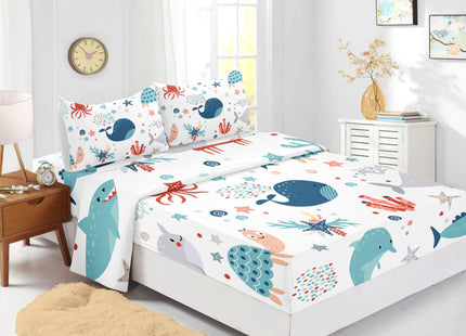 XYNHML Sea Turtle Fitted Sheet Full Beach Theme Dolphin Starfish Seaweed Bed Sheet Set 4Pcs Reptile Sea Animal Octopus Reptile Bed Cover for Teens Includes 1 Fitted Sheet,1 Flat Sheet,2 Pillowcases