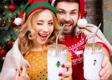 Honeydak 2 Pcs Christmas Icon Glass Tumbler, Christmas Tree & Snowman