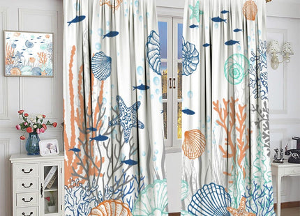 JanJCurt Nautical Coastal Curtains, Starfish Seashell Coral Beach Themed Drapes Ocean Orange Blue Teal Conch Print Window Treatments for Kitchen Living Room Bedroom, 42x45 Inch (No Blackout)
