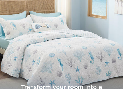 Bedsure Coastal Quilt Bedding - Queen Size Reversible Summer Beach Quilt Bedding, Lightweight Ocean Bedspread, Coral Parttern Coverlet for All Seasons (90"x96")
