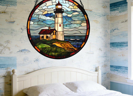 DASTOLL Stained Glass Window Hanging, Ocean Lighthouse Sun Catchers Glass Panel Blue Green Suncatcher Decor for Birthday for Women, Men, Wife, Aunt, and Mom 7.8 in