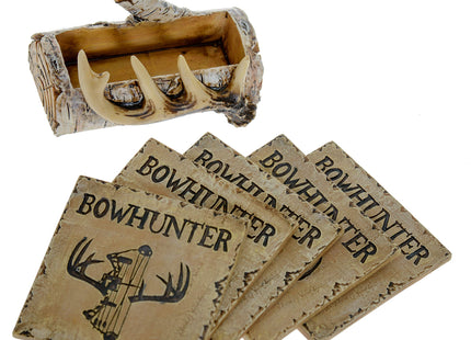 Pine Ridge Home Antler Wood Log Coaster Set with Holder - Bow Hunter Country Absorbent Coaster - Cabin Lodge Home Decor for Hunter Men - Man Cave Coasters Rustic Wood Decor Accent