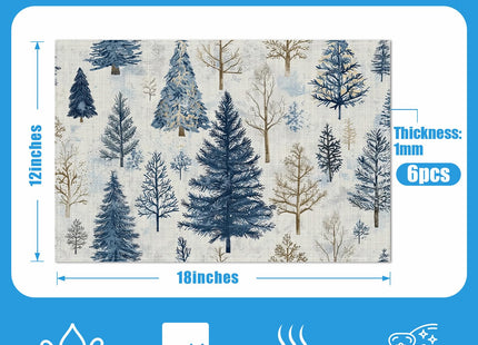Vintage Winter Pine Tree Placemats Set of 6, Washable Linen Place Mat Heat Resistant Non Slip Kitchen Dining Table Mats 12x18 Inch