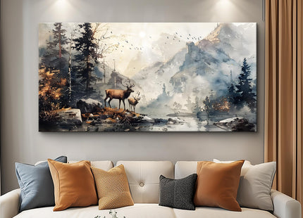 FUHAIHUA Canvas Wall Art for Living Room, Mountain Forest Deer Landscape 30x60 Inches