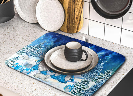 Winter Blue Gnome Dish Drying Mat for Kitchen Counter Pine Tree Microfiber Dish Pad Absorbent Reversible Fast Dry Draining Mats 16x18 Inch