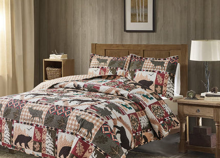 Rustic Lodge Quilt Set King Size Country Cabin Bedspread Coverlet King Moose Bear Reversible Patchwork Quilts Bedding Soft Lightweight Coverlets Forest Bear Farmhouse Bed Cover Sets with 2 Pillow Sham