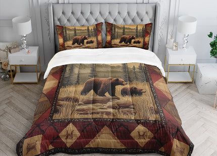 XYNHML Rustic Bear Wild Hunt Animal Comforter 3Pcs Queen Natural Forest Wildlife Brown Bear Bedding Set for Kid Teen Boy Girl Adult Retro Mountain Lake Quilt Decor with 1 Comforter and 2 Pillowcases