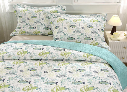 WINLIFE 100% Cotton Coastal Quilt Set Queen Size 90''x98'', Aqua Green Fish