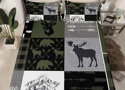 Hunting Rustic Lodge Bed Sheet Twin, Deer Bear Patchwork Sheet Set Retro Cabin Lodge Fitted Sheet For Kids Teens Adult Men, Camping Moose Elk Flat Sheet 3 Pieces With 1 Pillow Case, Grey Black