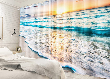 Renaiss Sea Sand Beach Window Curtains Sunset Clouds Blue Seashore Coastal Ocean Printing Window Treatment Darkening Privacy Blackout Durable Drapes for Bedroom Living Room Decor 21x45 Inch x 2 Panels