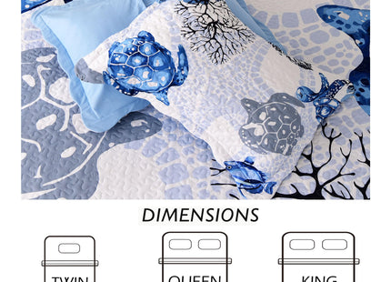3 Piece Coastal Quilt Set King Size,Soft Lightweight Ocean Quilt,Beach Turtle Starfish Coral Printed Bedspread Bed Set with 2 Shams,Summer Quilt Bedding Set for All Season (106”x96”,Navy Blue)