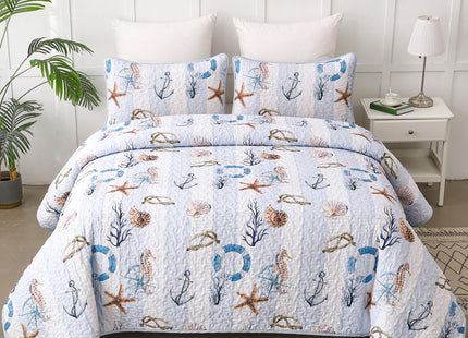 Coastal Quilt Set King Size 3 Pieces,Beach King Quilt Bedding Set Lightweight Sky Blue Bedspreads,Reversible Microfiber Nautical Quilts with 2 Shams Summer Ocean Coverlet Sets for King Bed All Season