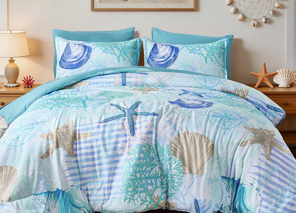 Xruibed Coastal Comforter Set Queen Size, Beach Coral Themed Bed in a Bag, 7 Pieces Ocean Nautical Seaweed & Starfish Soft Summer Comforter Bedding Sets for All Seasons(90"×90")