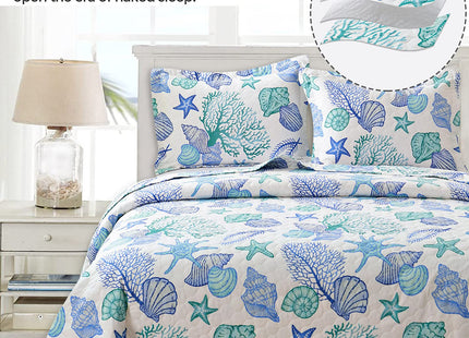 Junsey 3 Piece Quilts Twin Size Ocean Theme,Lightweight Coastal Beach Theme Bedding Seashell Conch Starfish Bedspread Ocean Creature Coverlet with 2 Pillowshams