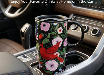 Topadorn 17oz Ceramic Coffee Mug with Lid, Cardinal Bird Floral Design Mug