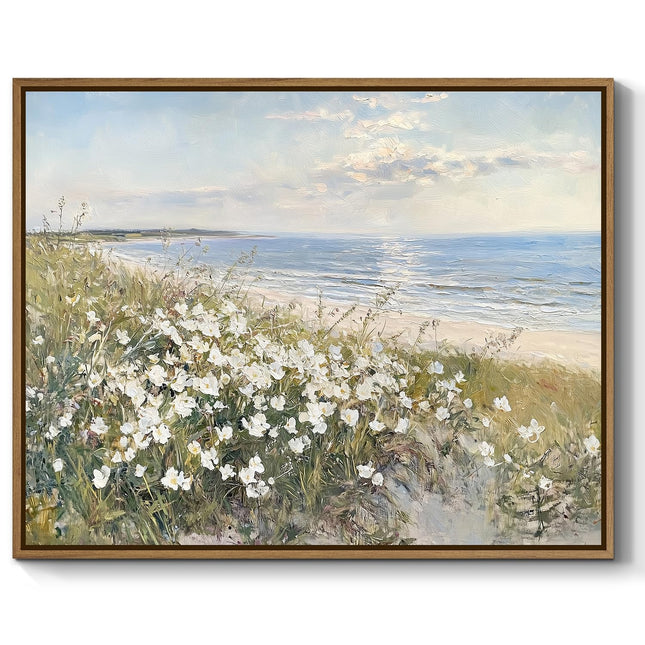 Coastal Wildflower Wall Art Blue Ocean with White Flower Art Prints 8"x10"