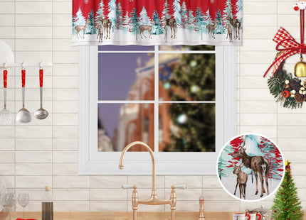 Christmas Valance Curtains for Kitchen Window, Winter Holiday Red Velvet Rod Pocket Curtain Valance, Xmas Tree Snowflake Deer Kitchen Cafe Window Treatment 52x15 Inch