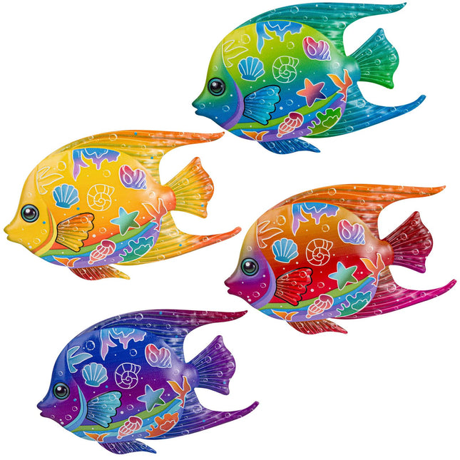 LaLamona 4Pieces Metal Fish Wall Decor, Outdoor Coastal Wall Art, Fish Hanging Decor for Beach Coast Barthroom Garden Yard Pool