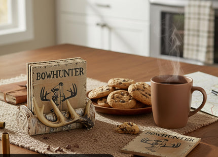 Pine Ridge Home Antler Wood Log Coaster Set with Holder - Bow Hunter Country Absorbent Coaster - Cabin Lodge Home Decor for Hunter Men - Man Cave Coasters Rustic Wood Decor Accent