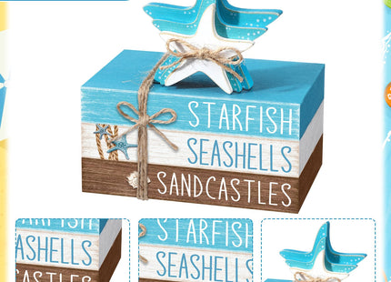 Geelin 4 Pcs Summer Beach Tiered Tray Decor Wooden Book Stack Signs, Starfish Seashell Coastal Nautical Table Centerpiece for Shelf Coffee Bar Home Kitchen Beach House Decorations