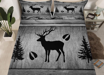Manfei Rustic Deer Sheet Set Full Size, Black Trees Deer Paw Print Bedding Set for Kids Boy Room Decor, Grey Wooden Plank Bed Sheet Set 4pcs with Deep Pocket Fitted Sheet + Flat Sheet + 2 Pillowcases