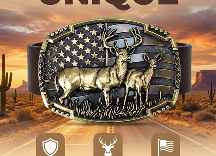 UAIAGM Deer Belt Buckle for Men Cool Western Men's Buckles for Belts Patriotic Elk Deer Head Belt Buckle Cowboy Belt Buckles, Norse Viking Deer Buckle for Men's Belts (Gold)