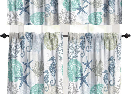 Coastal Kitchen Curtains and Valances Set Summer Beach Blue Teal Coral Kitchen Window Curtains Tier and Valance Curtain Set for Bedroom Living Room 54x18 & 27x24x2, 3 Panel, Ocean Animal -8