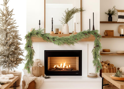 WBHome 2pcs Real Touch Cypress Cedar & Pine Cone Evergreen Garland for Christmas Holiday Seasonal Outdoor/Indoor Home Decor, 9FT Long
