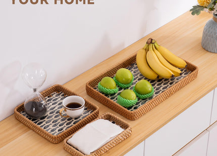 BROWNLILY Rattan Tray 3 Pcs with Mother of Pearl Inlay, Decorative Wicker Serving Tray for Bread Fruit Tea with Wooden Base, Boho Coastal Home Decor Baskets for Counter Decor & Organization (Fish)