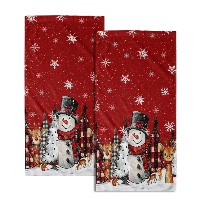 Giwawa Christmas Red Hand Towels Set of 2, 28.3x14.4 Inch Xmas Snowman Moose Plaids Tree Face Tea Towel Soft Absorbent Dish Cloth Towels for Kitchen Bathroom Winter Holiday Decor Gift
