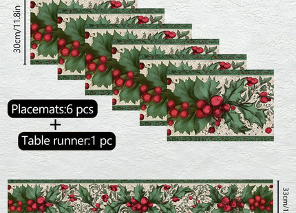 Christmas Table Runners and Placemats Set of 6, Holly & Berries Design, Green & Red, Perfect for Holiday Dining, 7-Piece Christmas Table Decoration