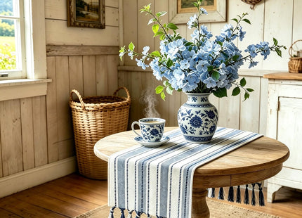 Blue and White Table Runner 36 inch, Small Navy Blue Coastal Dresser Scarf