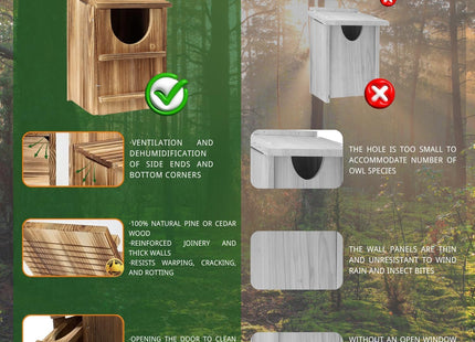 JILVGS Owl Box, Carbonized Pine Screech Owl Nesting Box