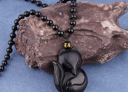 VIKCAUX Obsidian Fox Necklace Natural Fox Talisman Pendant with Extended Bead Chain Lucky Fox Necklace Jewelry Gift for Women Men
