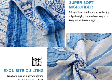 DJY Ocean Coastal Quilt King Size, 3 Pcs Beach Theme Bedspread Coverlet Set