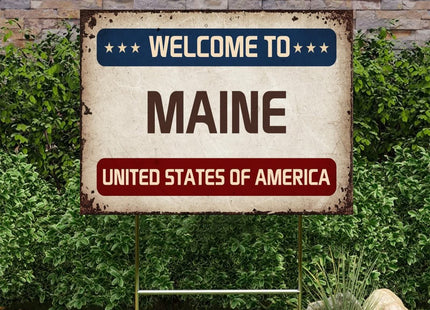 Welcome to United States Decoration Yard Sign | Welcome to US City Sign | Maine Yard Sign | 18x24 Inches Yard Sign with Metal H Stake (Double Sided)