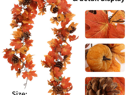 Super Holiday 6FT Fall Garland, Fall Maple Leaf Garland Decor with Velvet Pumpkin/Pine Cone, for Home Autumn Harvest Thanksgiving Fireplace Front Door Indoor Outdoor Holiday Party Decorations.