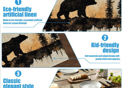 Retro Bear Pine Tree Placemats Set of 6, Vintage Washable Linen Place Mat Heat Resistant Non Slip Kitchen Dining Table Mats 12x18 Inch