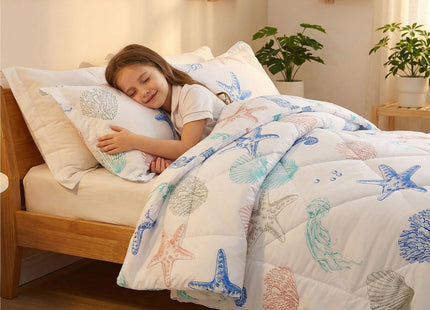JSD Beach Theme Kids Comforter Set Twin Size, Jellyfish Starfish Shell Pattern