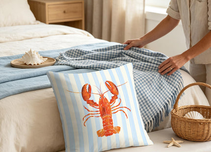 Exqcom Coastal Lobster Pillow Covers, New England Nautical Red Lobster Blue White Stripes Throw Pillow Covers for Beach House Summer Home, Preppy Beach Room Decor, Easter Coast Seafood Decor