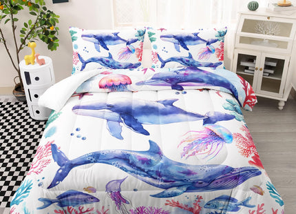 XYNHML Whale Jellyfish Shark Bedding Dolphin Coral Comforter 3Pcs Twin Underwater Fish Starfish Quilt Set for Kids Teens Girls Boys Clownfish Seaweed Bed Decor Set with 1 Comforter and 2 Pillowcases