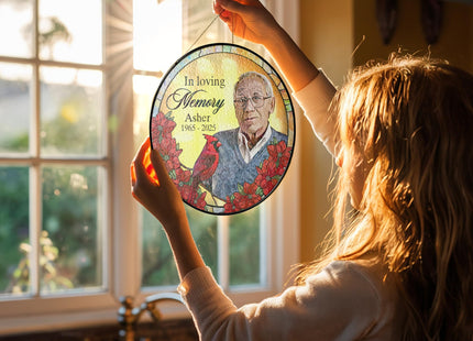 Fastpeace Personalized Loved One Photo Stained Glass Suncatcher - Cardinal in Loving Memory Keepsake Gift - Custom Photo, Name, Years (Cardinal Memorial)